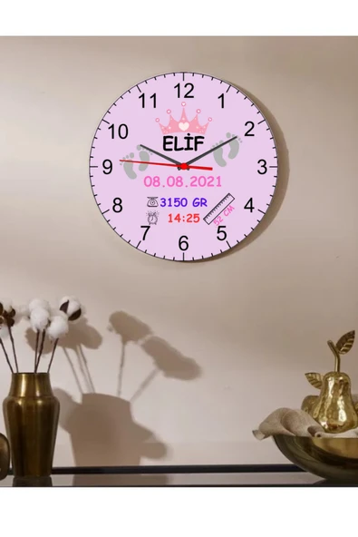 Elbasan Tekstil Kişiye Özel Kız Bebek Odası Duvar Saati 29 x 29 Cm Ahşap ürün görseli 1
