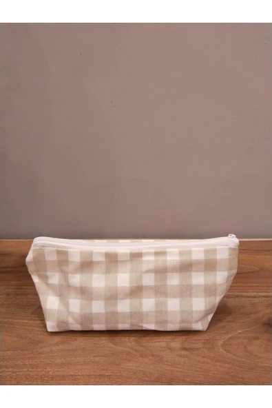 Elbasan Tekstil Kahve Pötikareli Yıkanabilir Fermuarlı Tek Göz Bez Kalemlik Makyaj Çantası - Resim 3