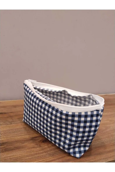 Elbasan Tekstil Mavi Minikkareli Yıkanabilir Fermuarlı Tek Göz Bez Kalemlik - Resim 3