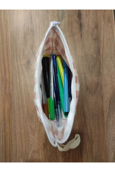 Elbasan Tekstil Pembe Pötikareli Yıkanabilir Fermuarlı Tek Göz Bez Kalemlik Makyaj Çantası - Resim 3