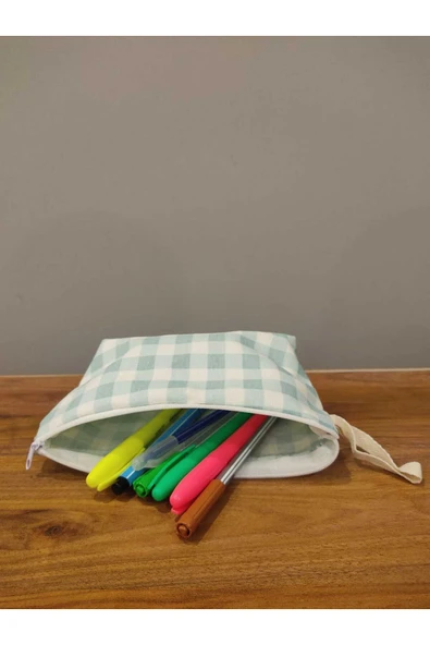 Elbasan Tekstil Mavi Pötikareli Yıkanabilir Fermuarlı Tek Göz Bez Kalemlik Makyaj Çantası - Resim 2