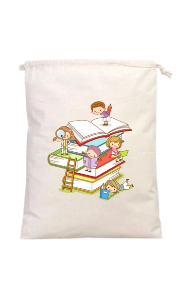 Elbasan Tekstil Kitap Okuyan Çocuklar Temalı Kitap Kesesi 20 x 30 cm ürün görseli 1