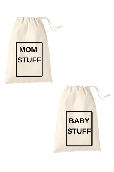 Elbasan Tekstil Mom Stuff Ve Baby Stuff Baskılı Anne Bebek Eşya Organizeri Ham Bez Kese 2 Adet 30x40 Cm ürün görseli 1