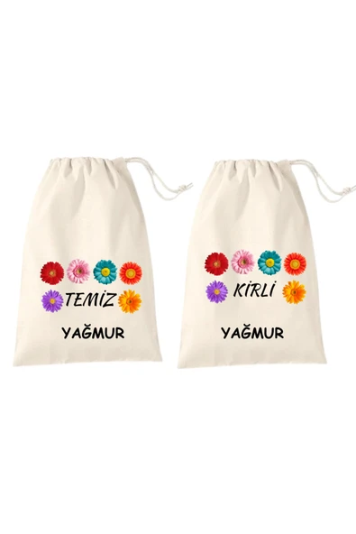 Elbasan Tekstil İsme Özel Kirli Yedek Çamaşır Torbası Papatya 30 x 40 cm Valiz İçi Organızer Bez Torbası 2li ürün görseli 1