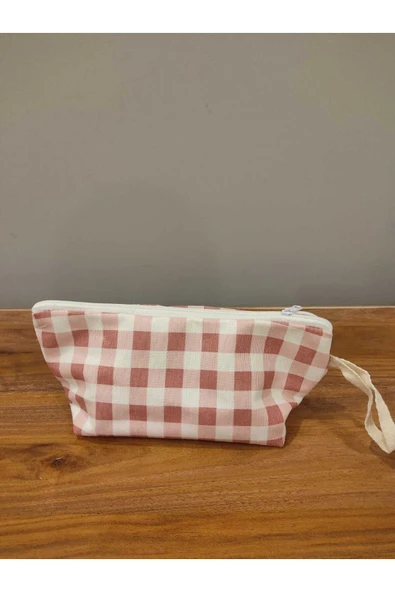 Elbasan Tekstil Pembe Pötikareli Yıkanabilir Fermuarlı Tek Göz Bez Kalemlik Makyaj Çantası ürün görseli 1