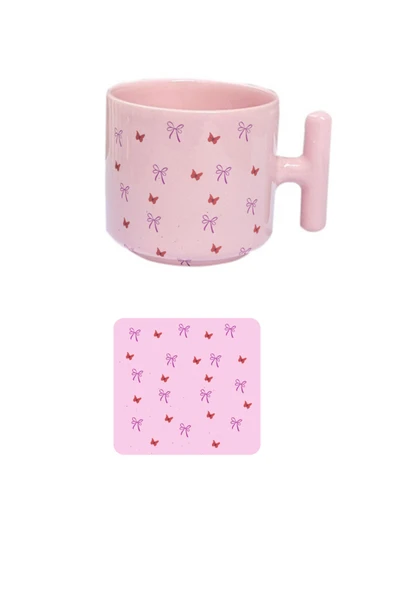 Elbasan Tekstil Pembe Fiyonk Kelebek Baskılı Kupa Altlığıya Bİrlikte T Saplı Kupa 250 ml ürün görseli 1