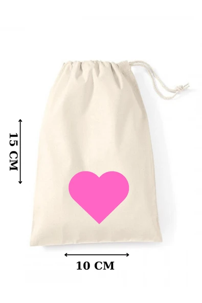 Elbasan Tekstil 10 Adet  Pembe Kalp Baskılı Büzgülü Ham Bez Kese 10 x 15 cm ürün görseli 1