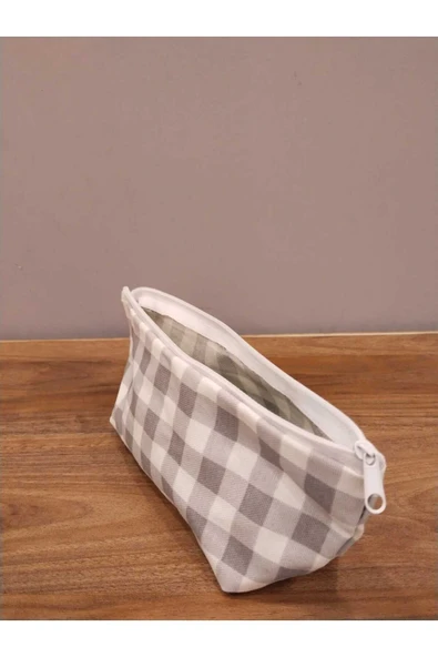 Elbasan Tekstil Gri Pötikareli Yıkanabilir Fermuarlı Tek Göz Bez Kalemlik Makyaj Çantası - Resim 2