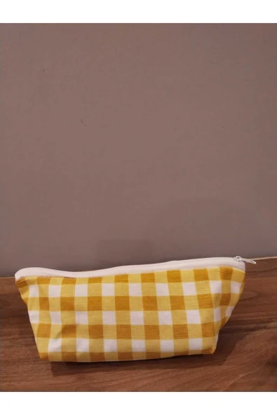 Elbasan Tekstil Sarı Pötikareli Yıkanabilir Fermuarlı Tek Göz Bez Kalemlik Makyaj Çantası - Resim 2