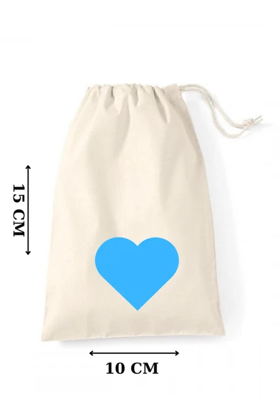 Elbasan Tekstil 10 Adet Mavi Kalp Baskılı Büzgülü Ham Bez Kese 10 x 15 Cm ürün görseli 1