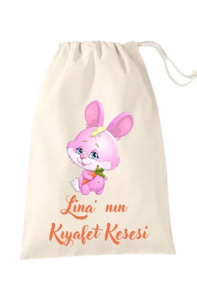 Elbasan Tekstil İsme Özel Kıyafet Kesesi Sevimli Tavşan 30 x 40 cm Tek Taraf Büzgülü ürün görseli 1