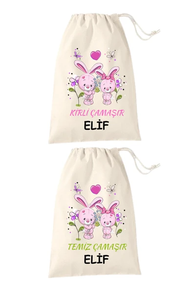 Elbasan Tekstil 2 adet Kişiye Özel Sevimli Tavşan Kirli Yedek Hambez Kese 30 x 20 cm ürün görseli 1