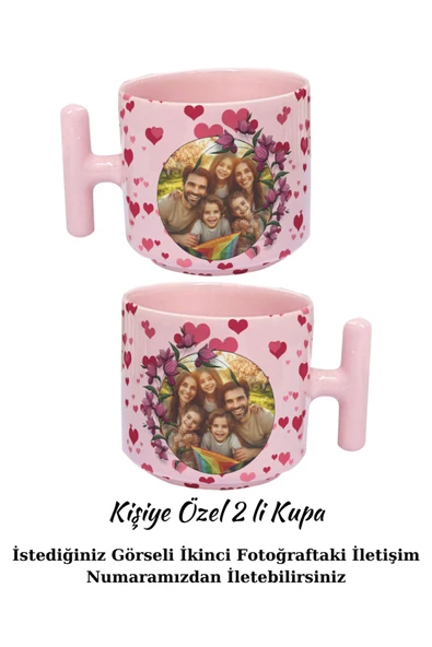 Elbasan Tekstil Kişiye Özel Fotoğraf Baskılı  2 Li  Pembe T Saplı Kupa Seti ürün görseli 1