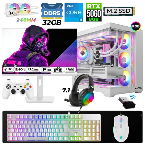 Xaser Moon X90 i5 14600K 32GB DDR5 Ram 1TB M.2 NVMe SSD 8GB RTX5060 Sıvı Soğutmalı 24,5" 240Hz Oyuncu Tavsiye Sistem ürün görseli 1