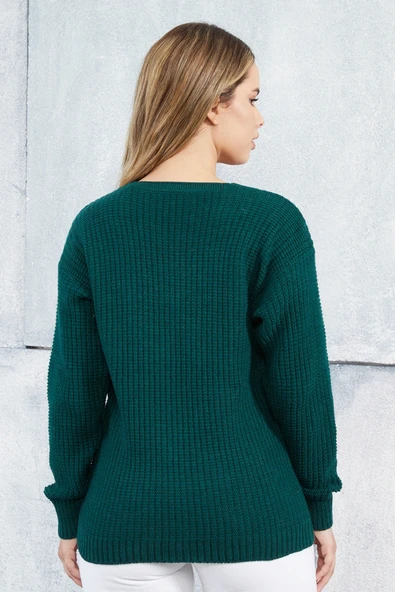 Lugmo Kadın Triko Hırka Çiçek Standart Beden Zümrüt Yeşili - Resim 4