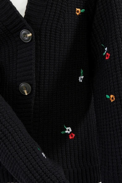 Lugmo Kadın Triko Hırka Çiçek Standart Beden Siyah - Resim 6