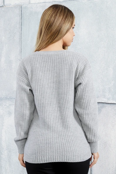 Lugmo Kadın Triko Hırka Çiçek Standart Beden Gri - Resim 4