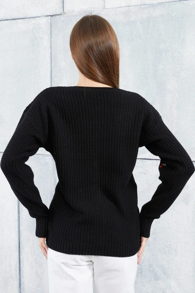 Lugmo Kadın Triko Hırka Çiçek Standart Beden Siyah - Resim 4