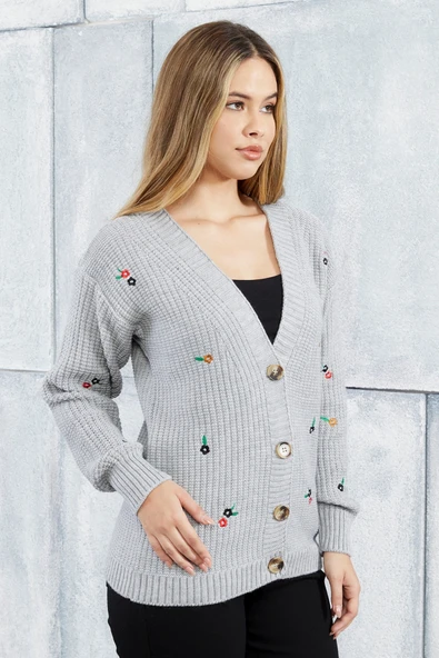 Lugmo Kadın Triko Hırka Çiçek Standart Beden Gri ürün görseli 1