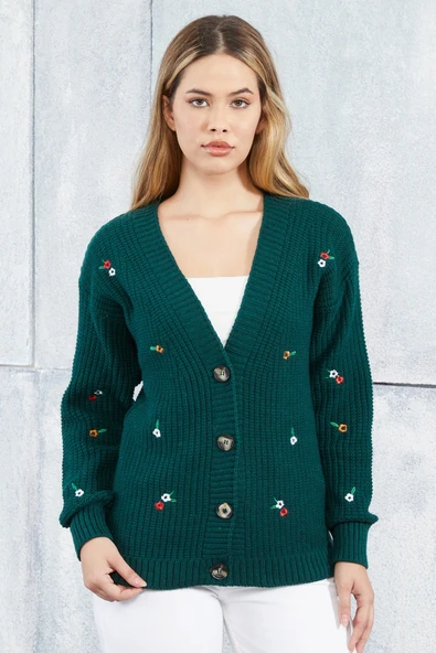 Lugmo Kadın Triko Hırka Çiçek Standart Beden Zümrüt Yeşili ürün görseli 1