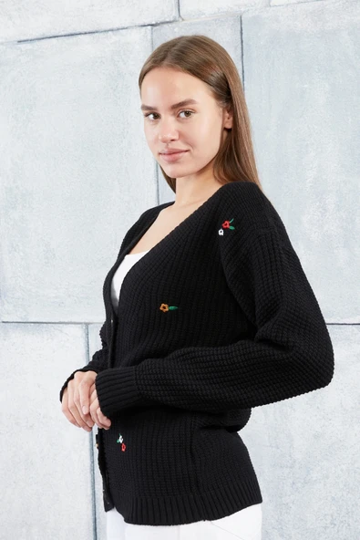 Lugmo Kadın Triko Hırka Çiçek Standart Beden Siyah - Resim 7