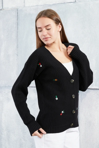 Lugmo Kadın Triko Hırka Çiçek Standart Beden Siyah - Resim 2