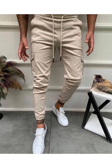 DİZMAR Unisex Slim Fit Bel Ve Paça Lastikli Kargo Pantolon / Bej ürün görseli 1