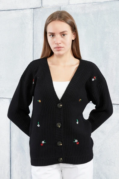 Lugmo Kadın Triko Hırka Çiçek Standart Beden Siyah - Resim 5