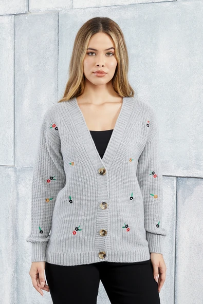 Lugmo Kadın Triko Hırka Çiçek Standart Beden Gri - Resim 2