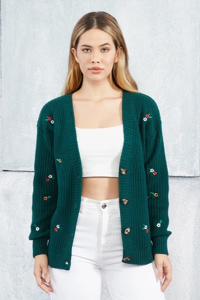 Lugmo Kadın Triko Hırka Çiçek Standart Beden Zümrüt Yeşili - Resim 2