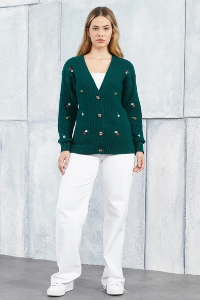 Lugmo Kadın Triko Hırka Çiçek Standart Beden Zümrüt Yeşili - Resim 6