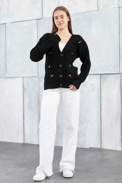 Lugmo Kadın Triko Hırka Çiçek Standart Beden Siyah - Resim 8