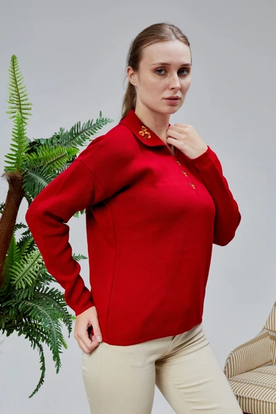 Kadın Polo Yaka Oversize Çiçek Nakışlı Triko Kazak Kırmızı - Resim 5