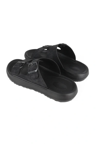 Lugmo Suni Deri Eva Terlik Dikişli Metal Tokalı Erkek Konfort Hafif Terlik Kaymaz - Resim 3