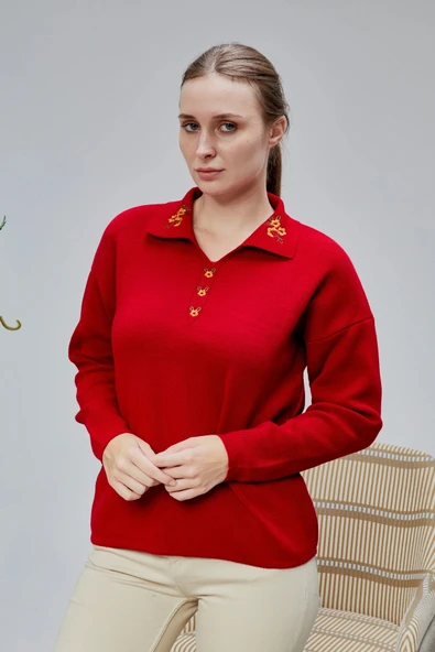 Kadın Polo Yaka Oversize Çiçek Nakışlı Triko Kazak Kırmızı ürün görseli 1