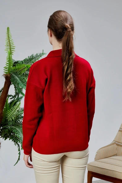 Kadın Polo Yaka Oversize Çiçek Nakışlı Triko Kazak Kırmızı - Resim 3