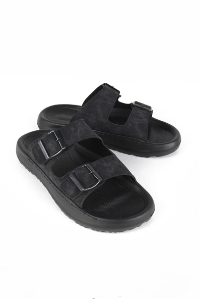 Lugmo Suni Deri Eva Terlik Dikişli Metal Tokalı Erkek Konfort Hafif Terlik Kaymaz - Resim 4