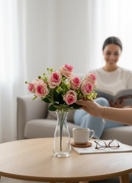 Yapay Çiçek Yaban Gülü Demeti PEMBE AÇIK 10Çiçekli - Resim 6