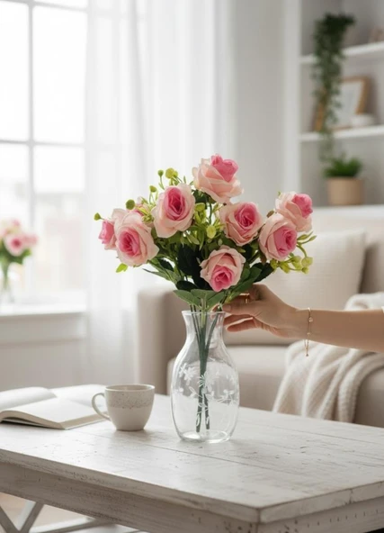 Yapay Çiçek Yaban Gülü Demeti PEMBE AÇIK 10Çiçekli - Resim 5