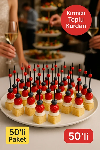 50’li Paket Kırmızı Top Siyah Bambu Kürdan 9 cm – Kokteyl, Kanepe ve Tatlı Sunum Kürdanı ürün görseli 1