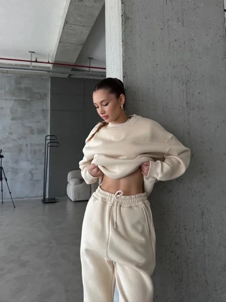 3 iplik şardonlu Lastik paça eşofman bej p510439 - Resim 2