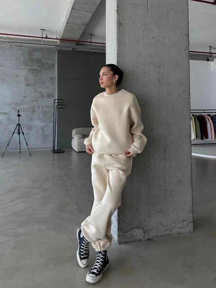 3 iplik şardonlu Lastik paça eşofman bej p510439 - Resim 3