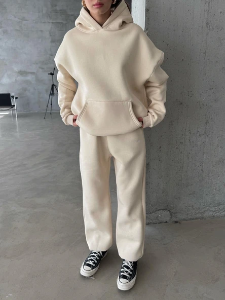 3 iplik şardonlu Lastik paça eşofman bej p510439 - Resim 5