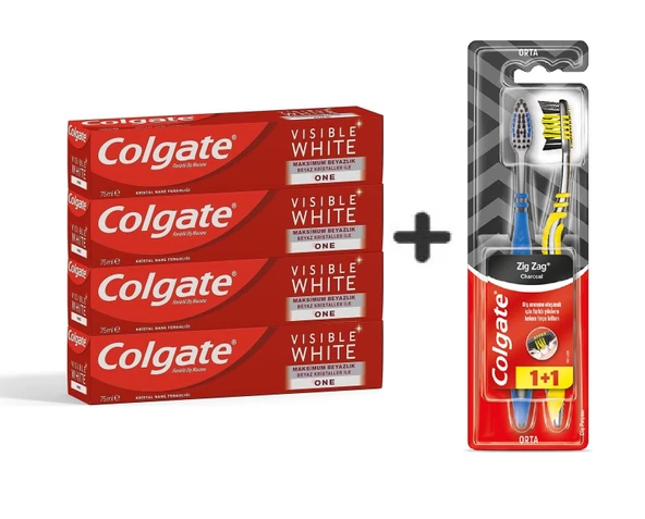 Colgate Visible White Maksimum Beyazlık 75ML x 4 Adet + Zig Zag Charcoal 1+1 Orta Sert Diş Fırçası ürün görseli 1