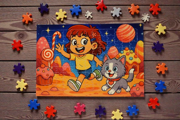 130 Parça A3 Puzzle Piroş ve Mırmır Şeker Gezegeninde Hayellerden Doğan Puzzle - Resim 4