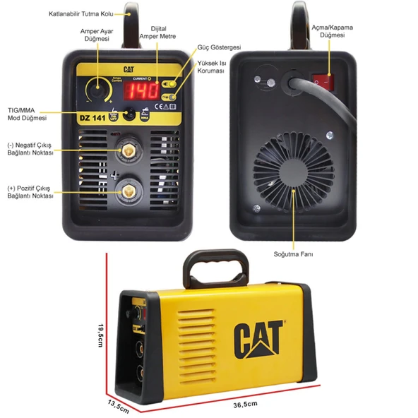 CAT DZ141T 140 Amper TIG LIFT/MMA Çanta Tipi Profesyonel Dijital İnverter Kaynak Makinesi + CAT DX37 Avuç Taşlama - Resim 6