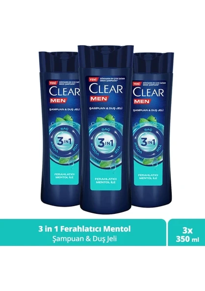 Clear Men 3 In 1 Şampuan & Duş Jeli Ferahlatıcı Mentol Saç Yüz Vücut İçin 350 ml x 3 ürün görseli 1