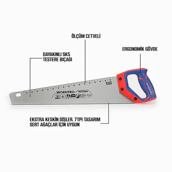 WORKPRO WP215035 350mm SK5 7 TPI Ağır Hizmet Tipi El Testeresi - Resim 2