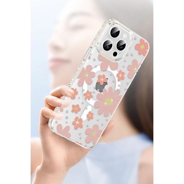 Joko Apple İphone 15 Pro Max Floral Magsafe Kapak - Turuncu - Resim 4