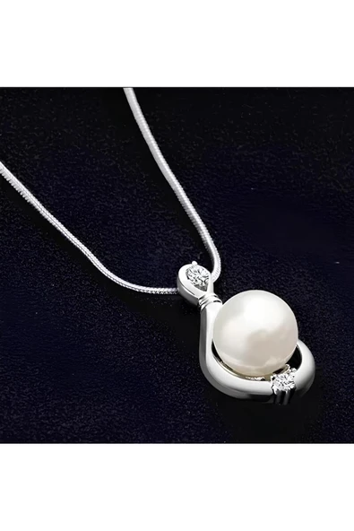 925 Ayar Zincirli Damla Tasarım İnci Taşlı Gümüş Kaplama Kadın Kolye Hediyelik - Resim 2